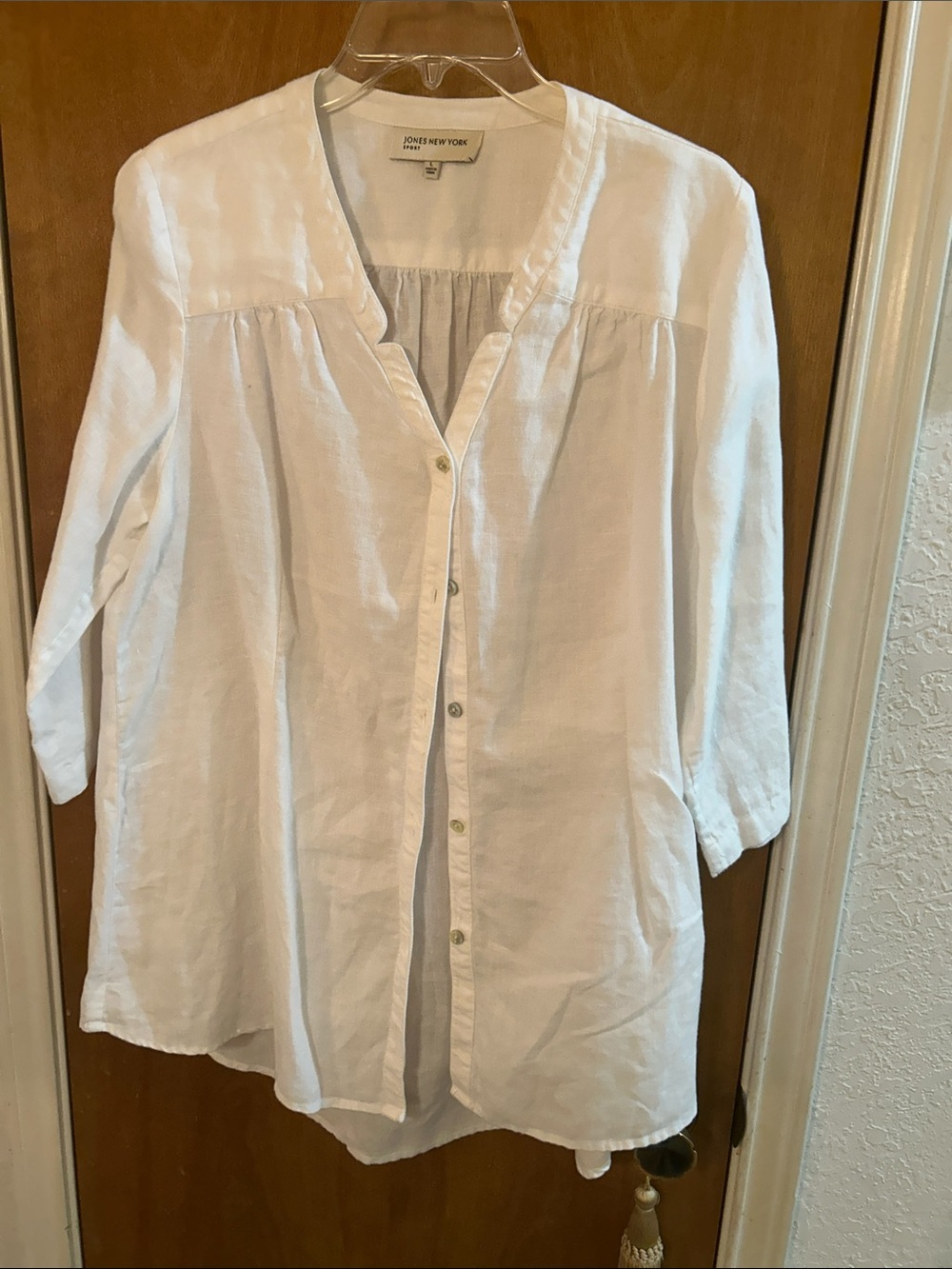 Jones New York White Linen Button-Down Tunic Shirt. L